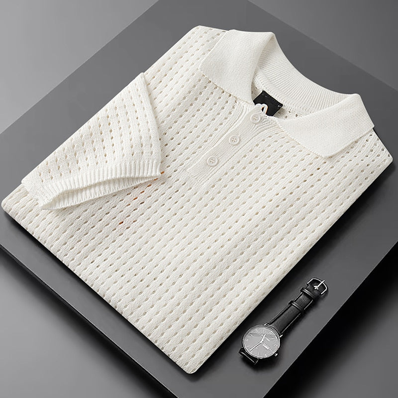 Men's white airy knit polo shirt, short sleeve, slim fit, comfortable, perfect for smart casual summer style.