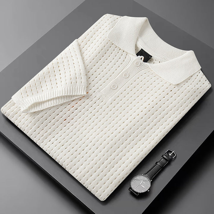 Men's white airy knit polo shirt, short sleeve, slim fit, comfortable, perfect for smart casual summer style.