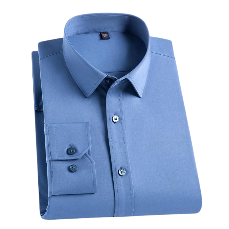 Stylish blue men's wrinkle-free dress shirt. Stain-resistant, modern fit for versatile business attire.