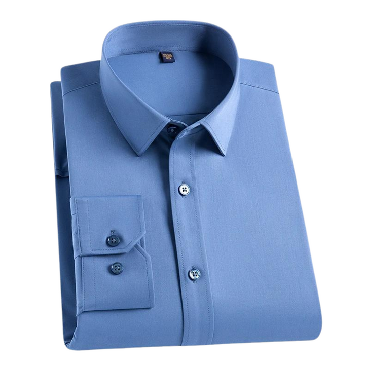 Stylish blue men's wrinkle-free dress shirt. Stain-resistant, modern fit for versatile business attire.