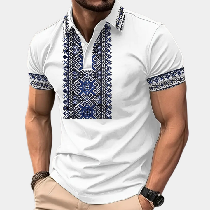 Men's white polo shirt with modern print, short sleeve, ideal for casual summer style.