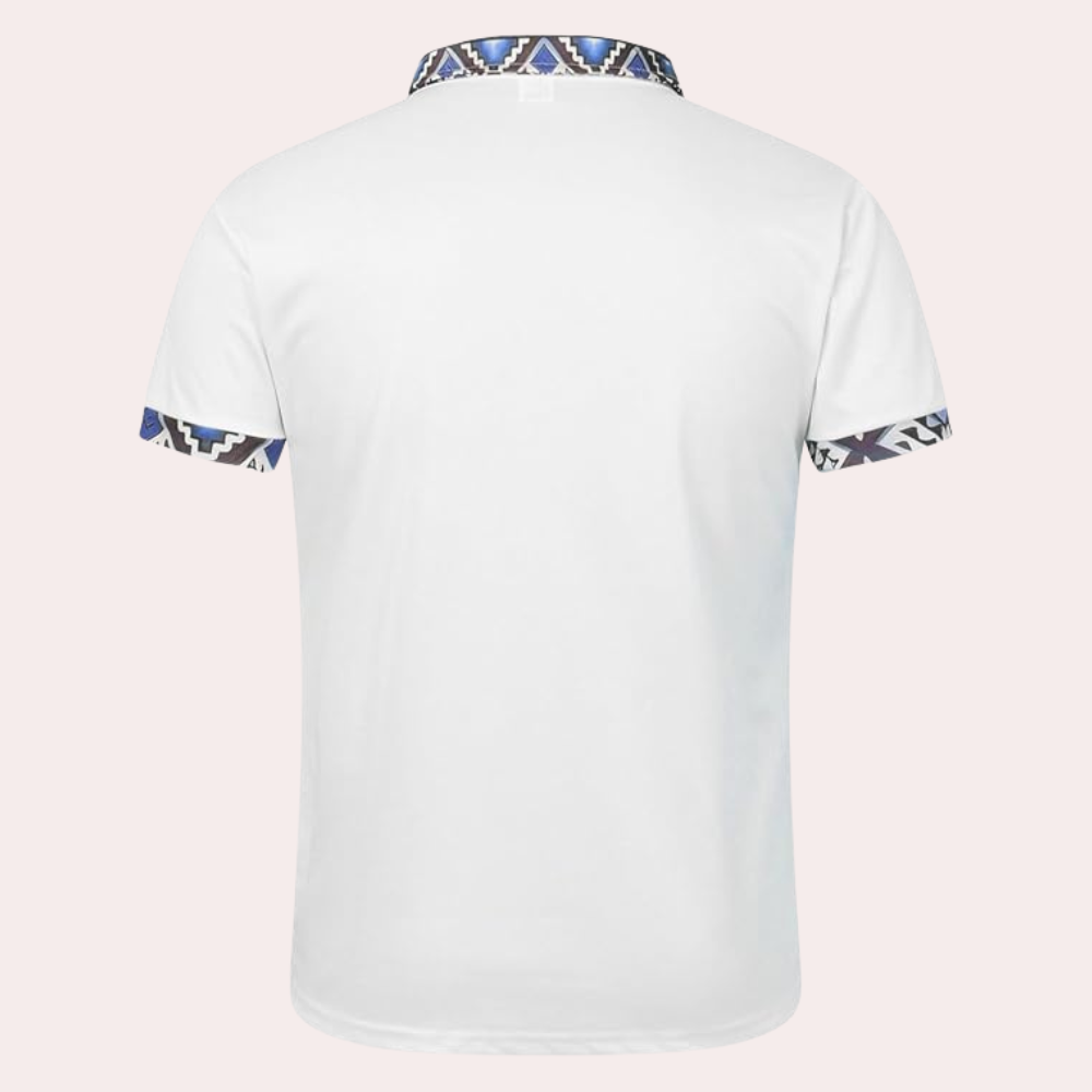 Stylish men's white short-sleeve polo shirt featuring a unique print, great for modern casual wear.