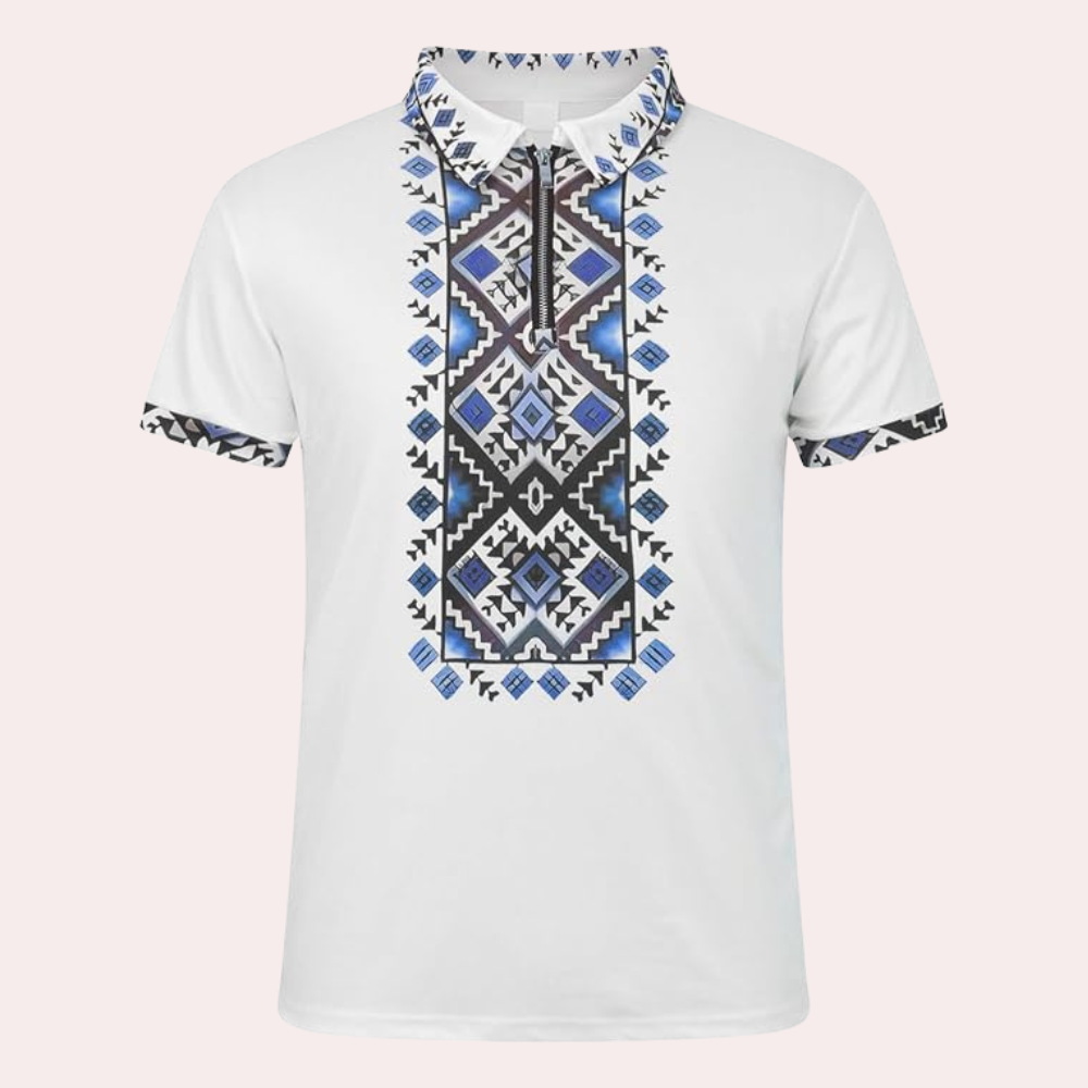 White printed men's polo shirt, short sleeve, offering a modern and comfortable fit for casual outings.