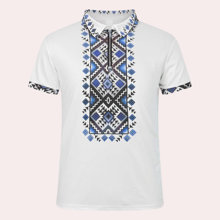White printed men's polo shirt, short sleeve, offering a modern and comfortable fit for casual outings.