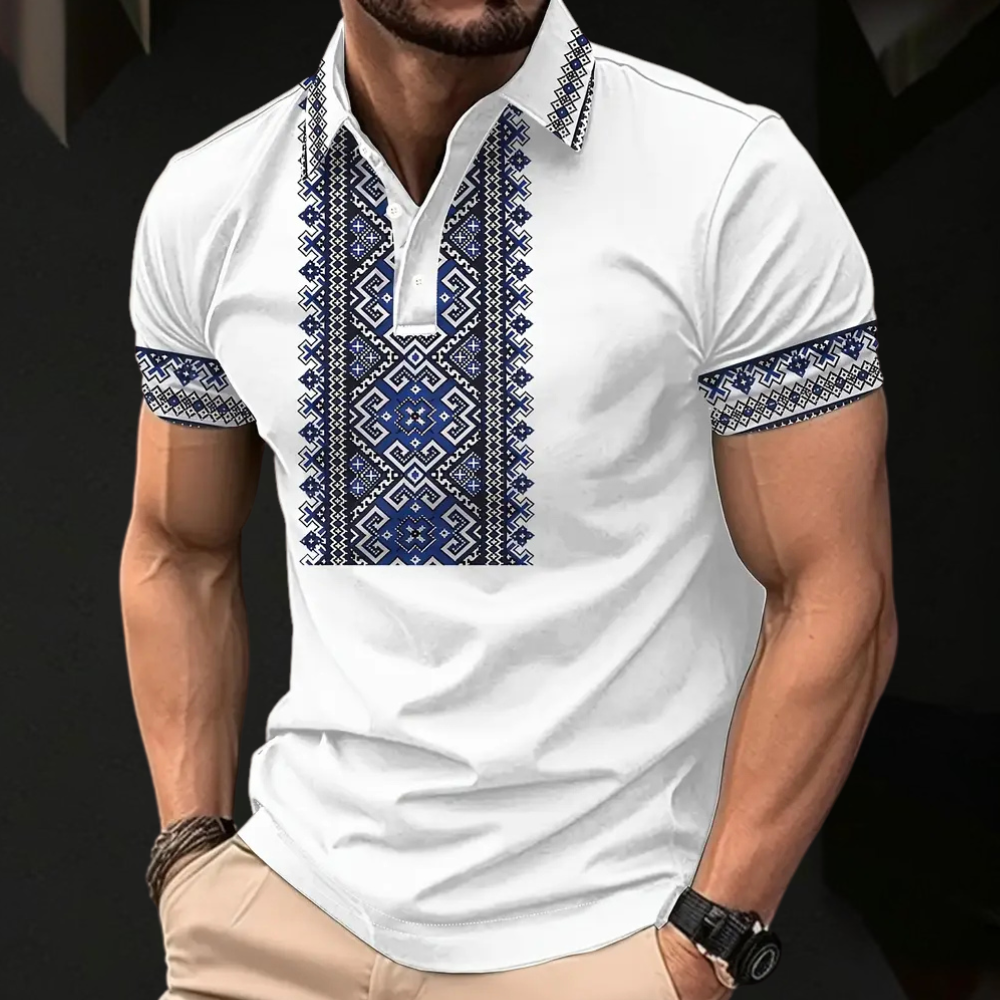 Casual men's white printed polo shirt, short sleeve, a fashionable choice for summer outfits and modern style.