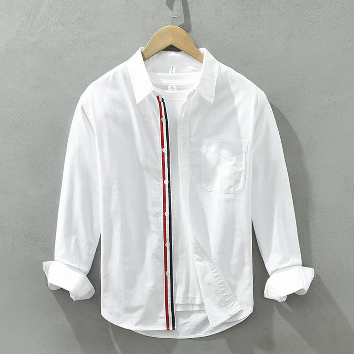 Men's white relaxed fit button-up shirt, a versatile collared top for modern casual everyday wear.