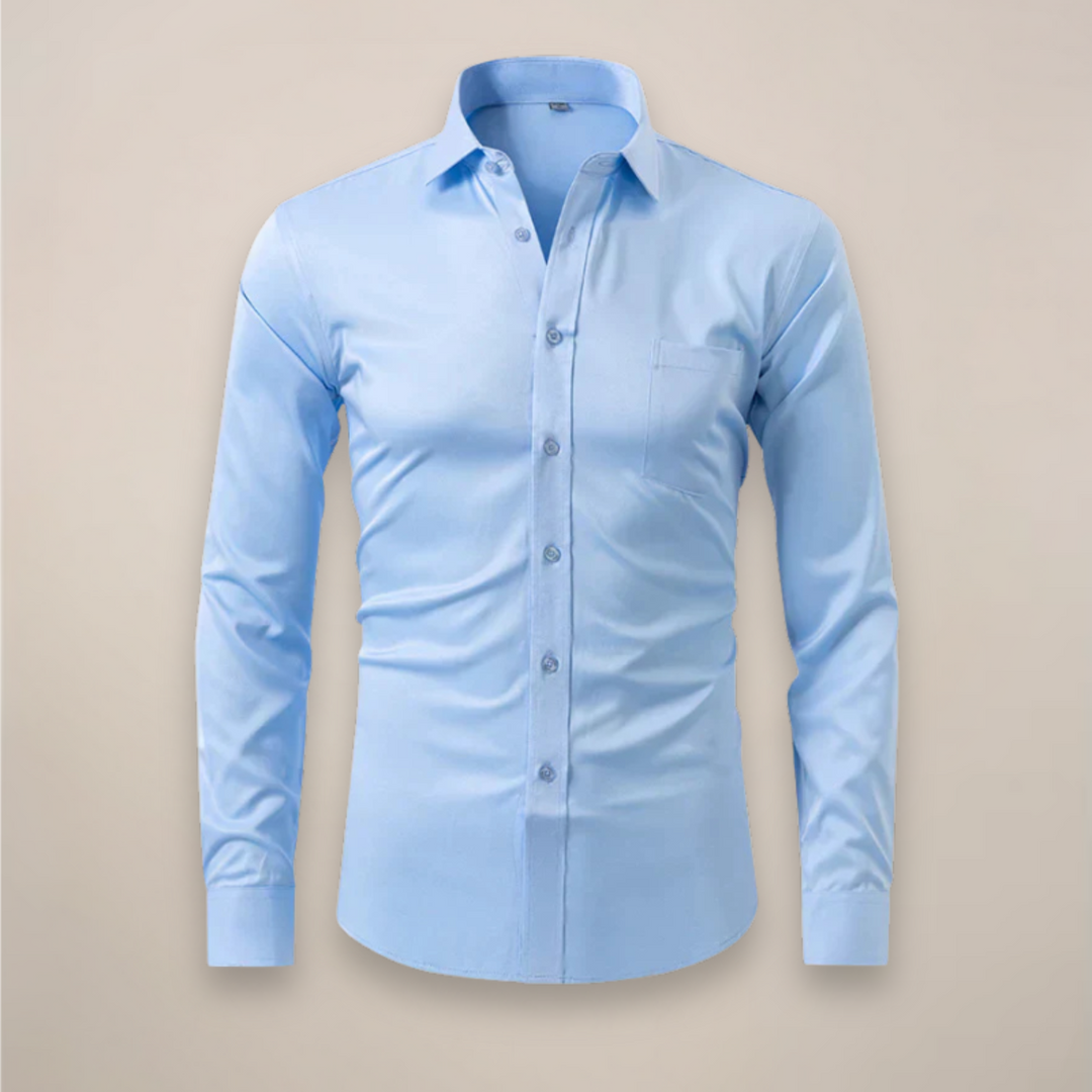 Professional men's blue wrinkle-free long sleeve dress shirt, a staple for business fashion.