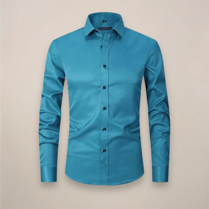 Classic blue men's long sleeve wrinkle-free shirt, versatile for formal or business casual wear.