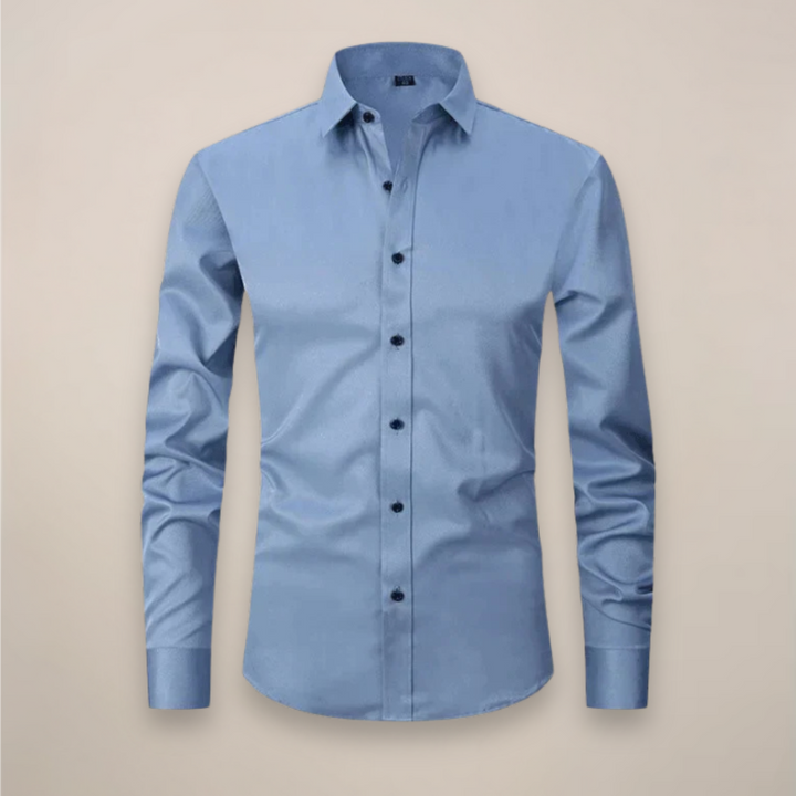 Versatile men's blue wrinkle-free long sleeve shirt, perfect for everyday and business wear.