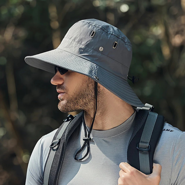 Stylish men's wide brim beach hat with UV shield, strong chin strap; perfect for fishing & hiking.