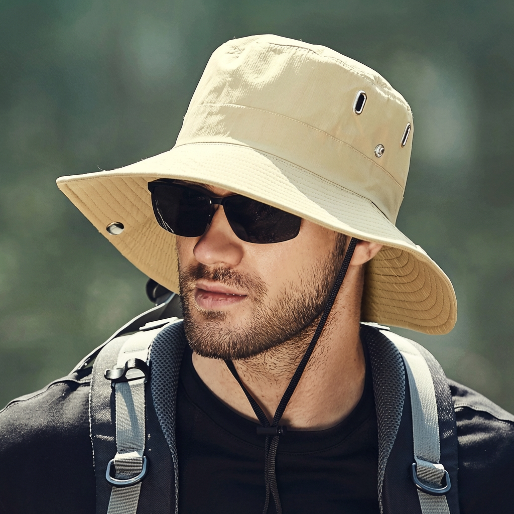 Men's travel-friendly wide brim sun hat offering UV protection, secure chin strap for all outdoor activities.