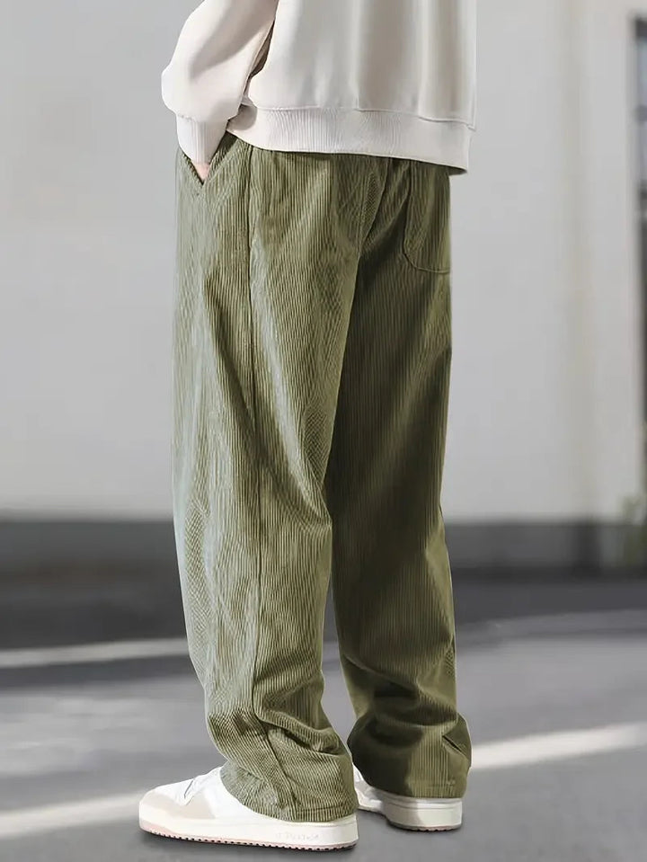 Classic men's wide leg corduroy pants, relaxed comfort, versatile for casual outfits & vintage streetwear looks.