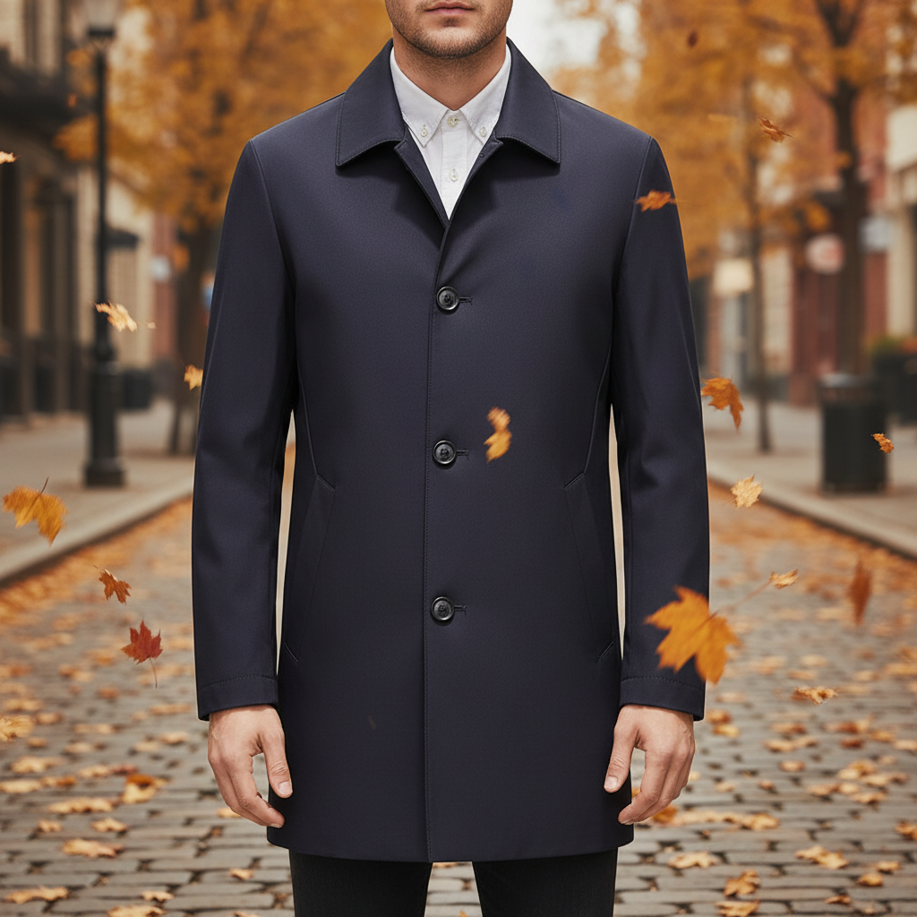 Men's windproof autumn long jacket in dark blue, ideal for casual and office wear, front view