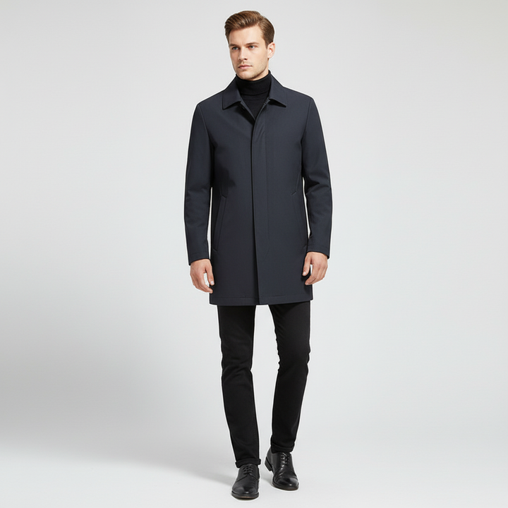 Men's dark grey windproof autumn long jacket with zipper details and side pockets, office wear