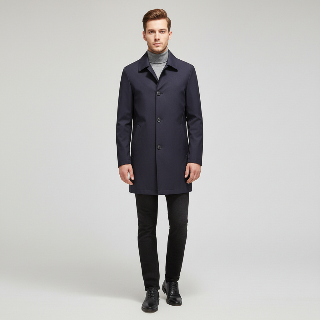Full shot of the Jonah men's windproof long jacket, emphasizing its autumn coat features