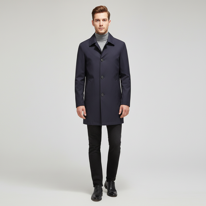 Full shot of the Jonah men's windproof long jacket, emphasizing its autumn coat features
