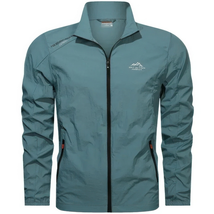 Men's windproof summer jacket with full zip closure, lightweight and perfect for outdoor activities & everyday wear.