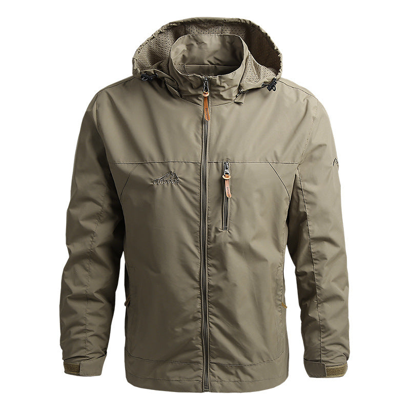 Durable men's softshell jacket, windproof & waterproof for hiking & outdoor activities. Comfortable adventure gear.