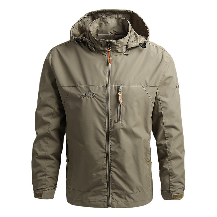 Durable men's softshell jacket, windproof & waterproof for hiking & outdoor activities. Comfortable adventure gear.