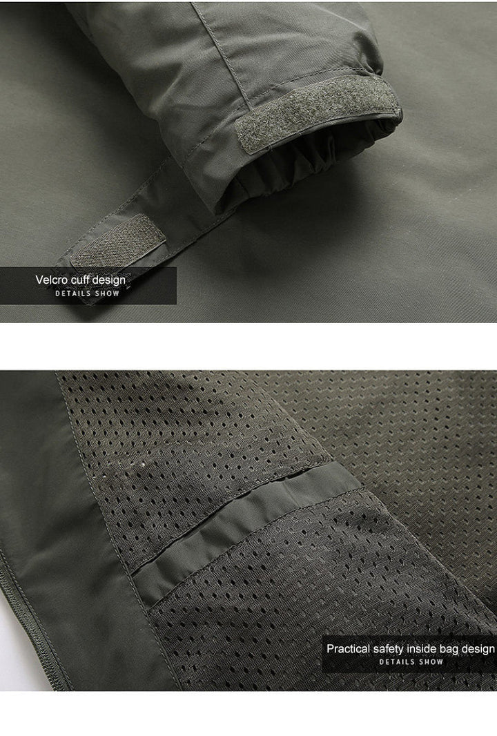 Men's waterproof outdoor softshell jacket, windproof for hiking, camping, and adventure gear protection.