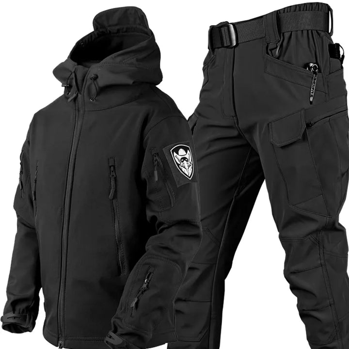 Men's windproof & waterproof tactical jacket and pants set for hiking & outdoor adventures.