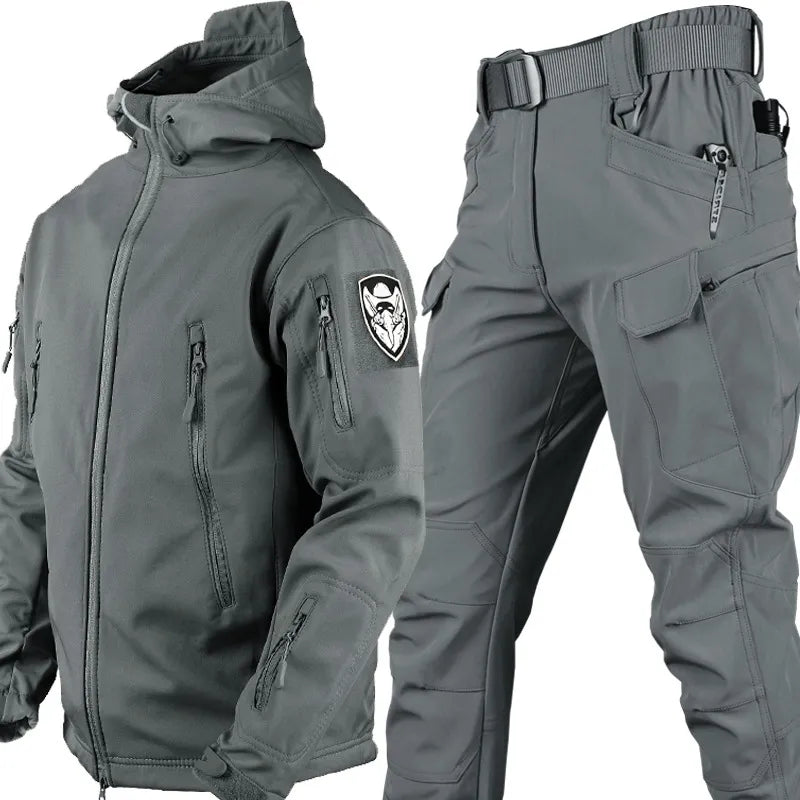 Functional men's activewear set, windproof & waterproof for hiking, adventure, and tactical use.