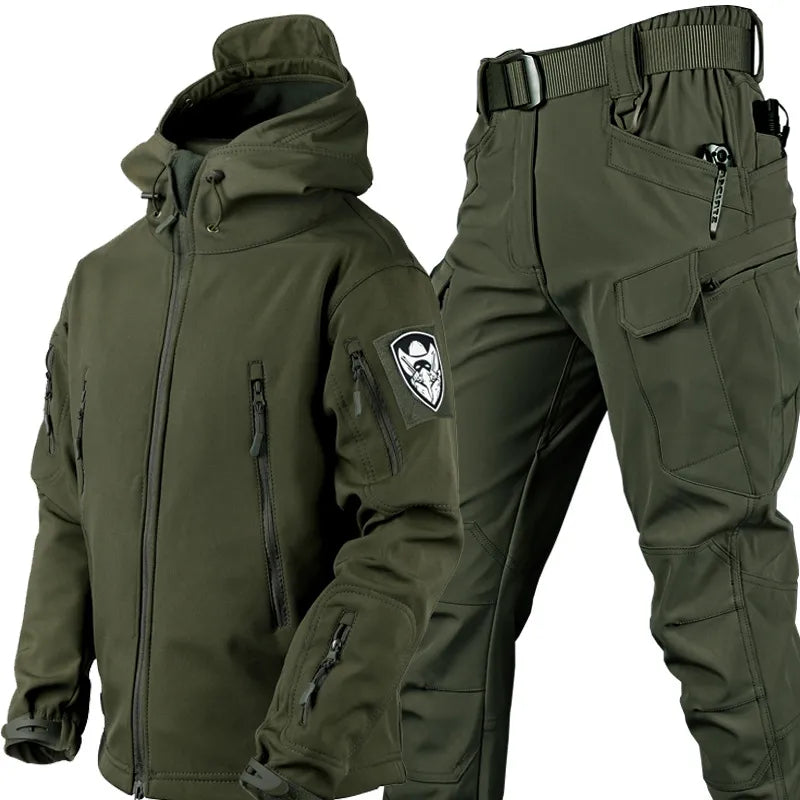 All-weather men's tactical set: windproof waterproof jacket & pants for outdoor adventures & camping.