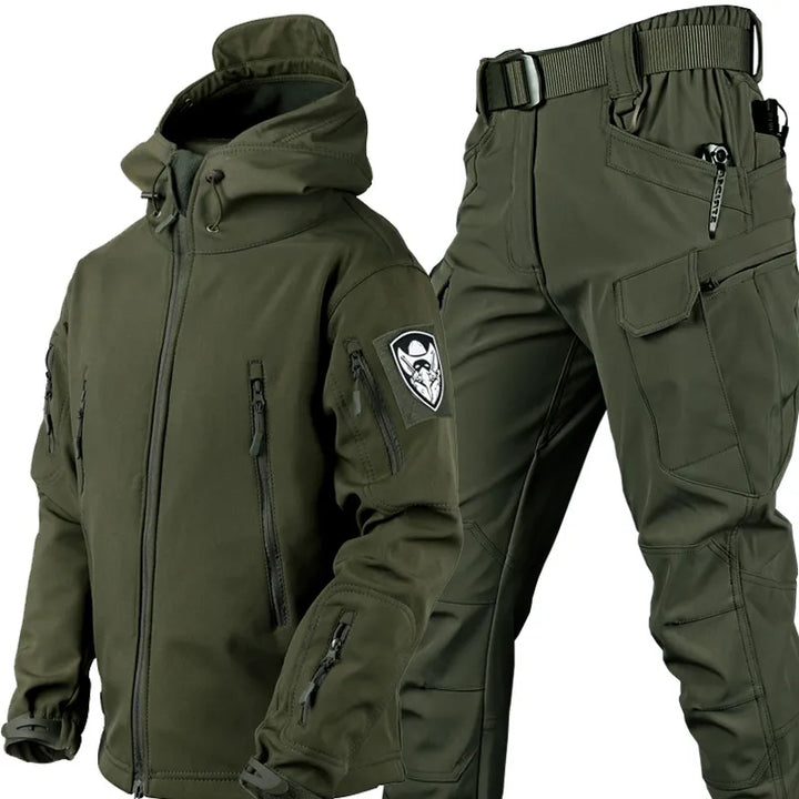 All-weather men's tactical set: windproof waterproof jacket & pants for outdoor adventures & camping.