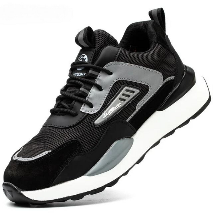 Sporty FlexGuard safety athletic shoes for men & women, lightweight, breathable, puncture resistant.