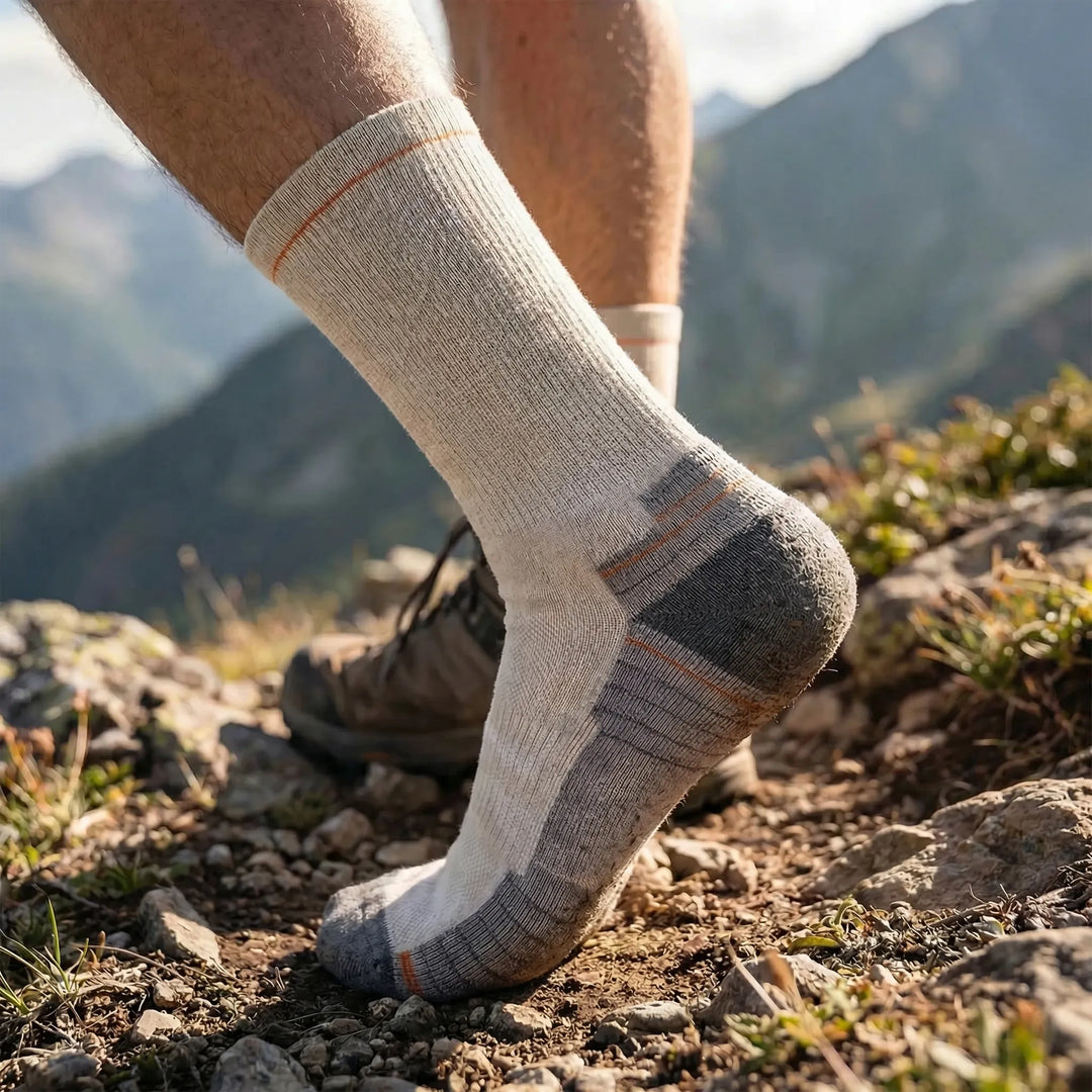 Men's & women's mid-calf cushioned merino wool active socks for hiking, running, and cycling.
