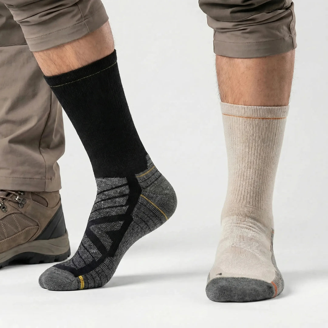 Breathable merino wool cushioned mid-calf socks for men & women's athletic activities.