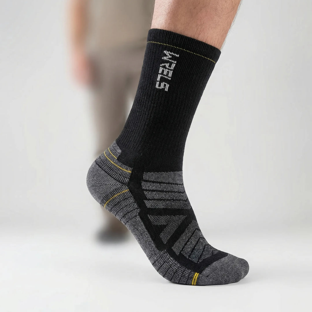 Men's & women's cushioned merino wool mid-calf socks, moisture-wicking & breathable for active sports.