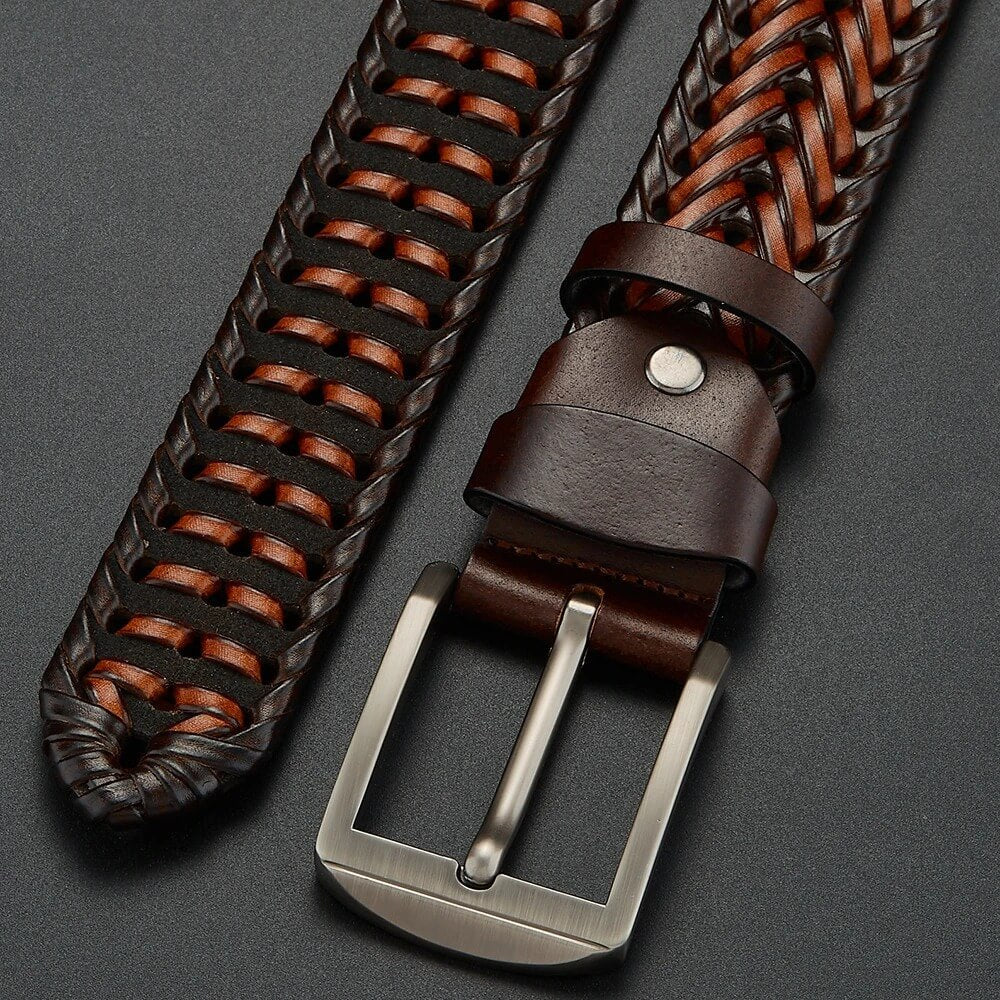Stylish men's fashion accessory: A dark brown woven leather belt with a gleaming polished buckle.