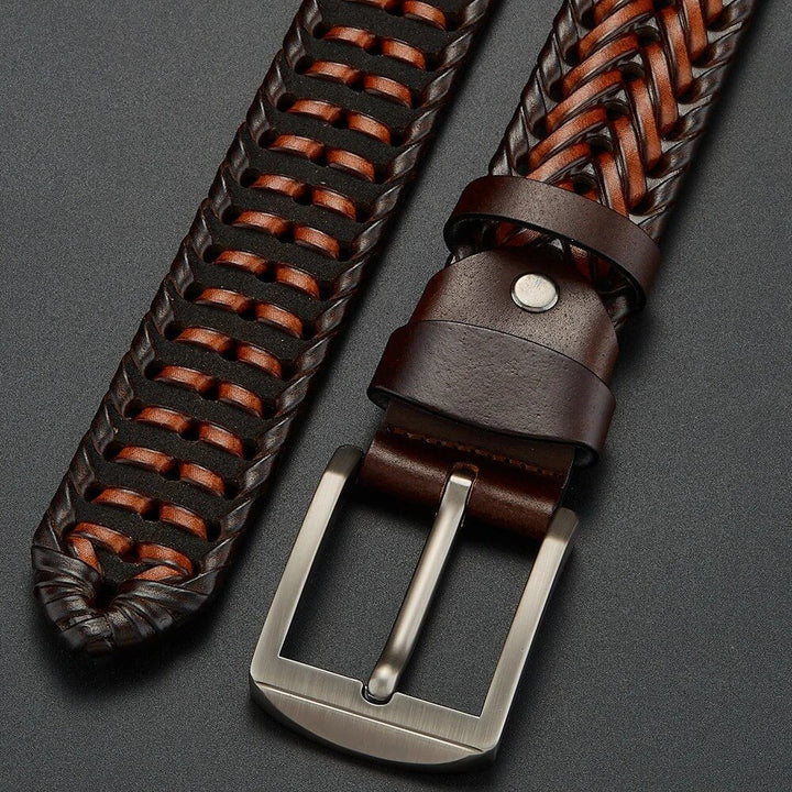 Stylish men's fashion accessory: A dark brown woven leather belt with a gleaming polished buckle.