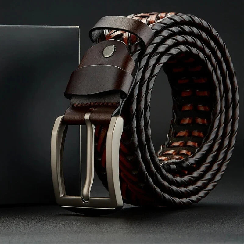 High-quality men's braided leather belt, perfect for stylish outfits, with a polished steel buckle.
