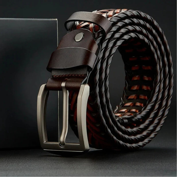 High-quality men's braided leather belt, perfect for stylish outfits, with a polished steel buckle.