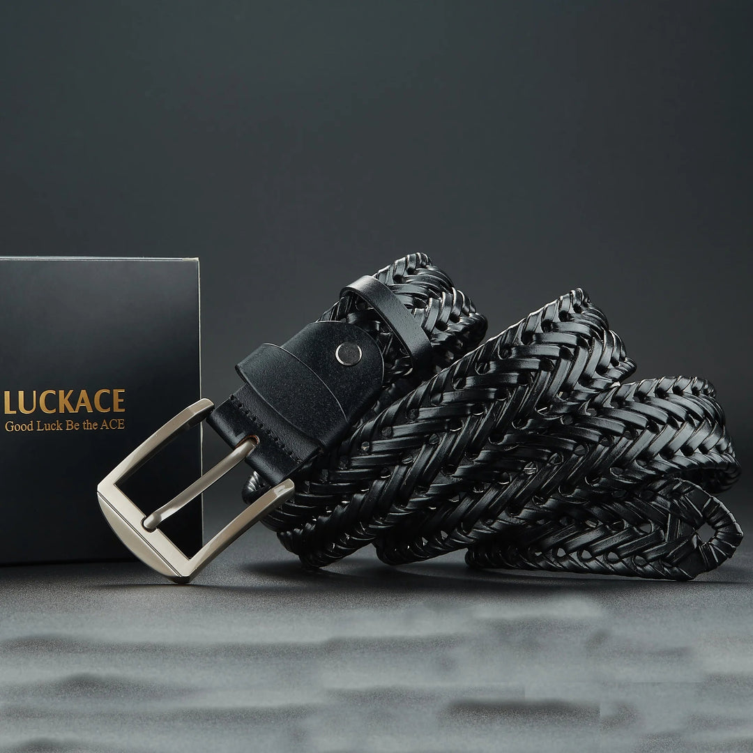 Classic men's woven leather belt in black, featuring a shiny polished buckle. A versatile fashion piece.
