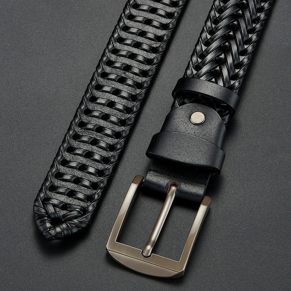 Elegant men's braided leather belt with a smooth polished buckle, a timeless fashion accessory.