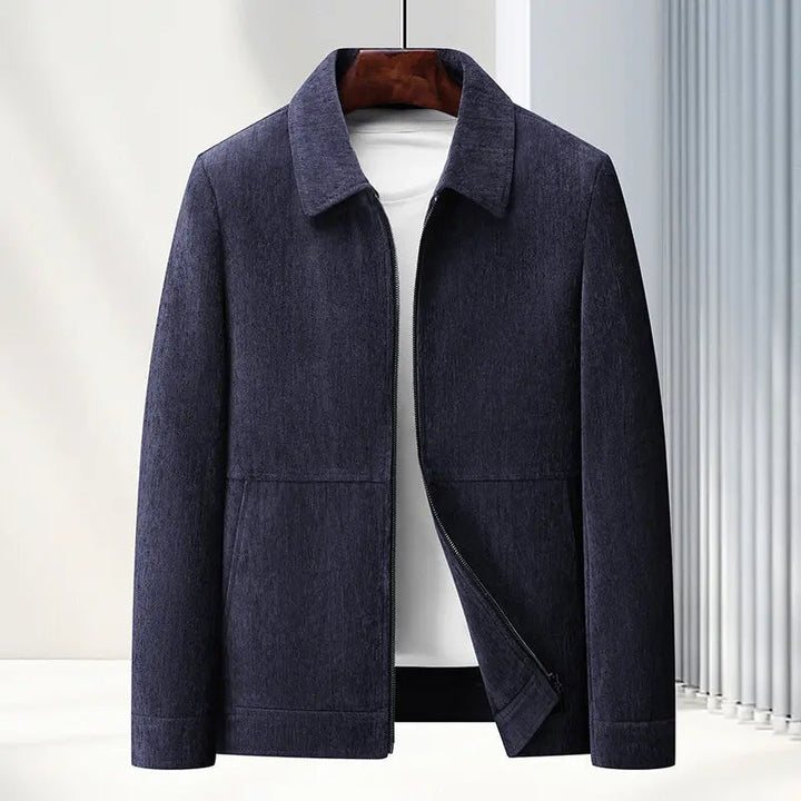 Stylish navy men's woven textured jacket with a zip closure, perfect for smart casual layering. Modern fall fashion.