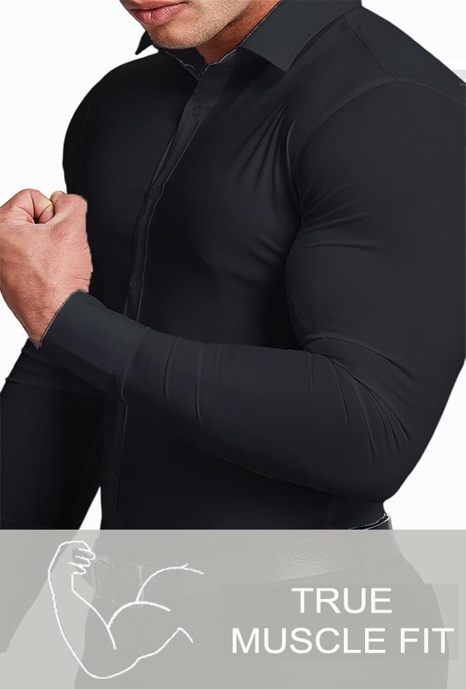 Back view of men's slim fit dress shirt, wrinkle-free, highlighting its tailored fit.