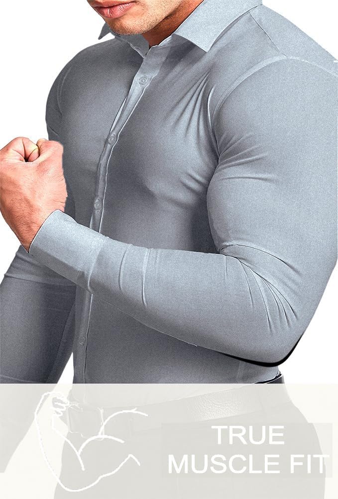 Wrinkle-free men's dress shirt in a sleek slim fit, offering flexible comfort all day.