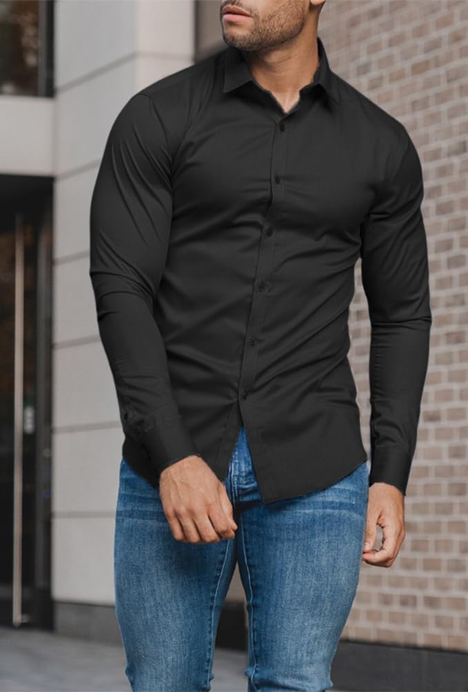 Men's long sleeve slim fit shirt, cuff detail, wrinkle-free for a crisp finish.