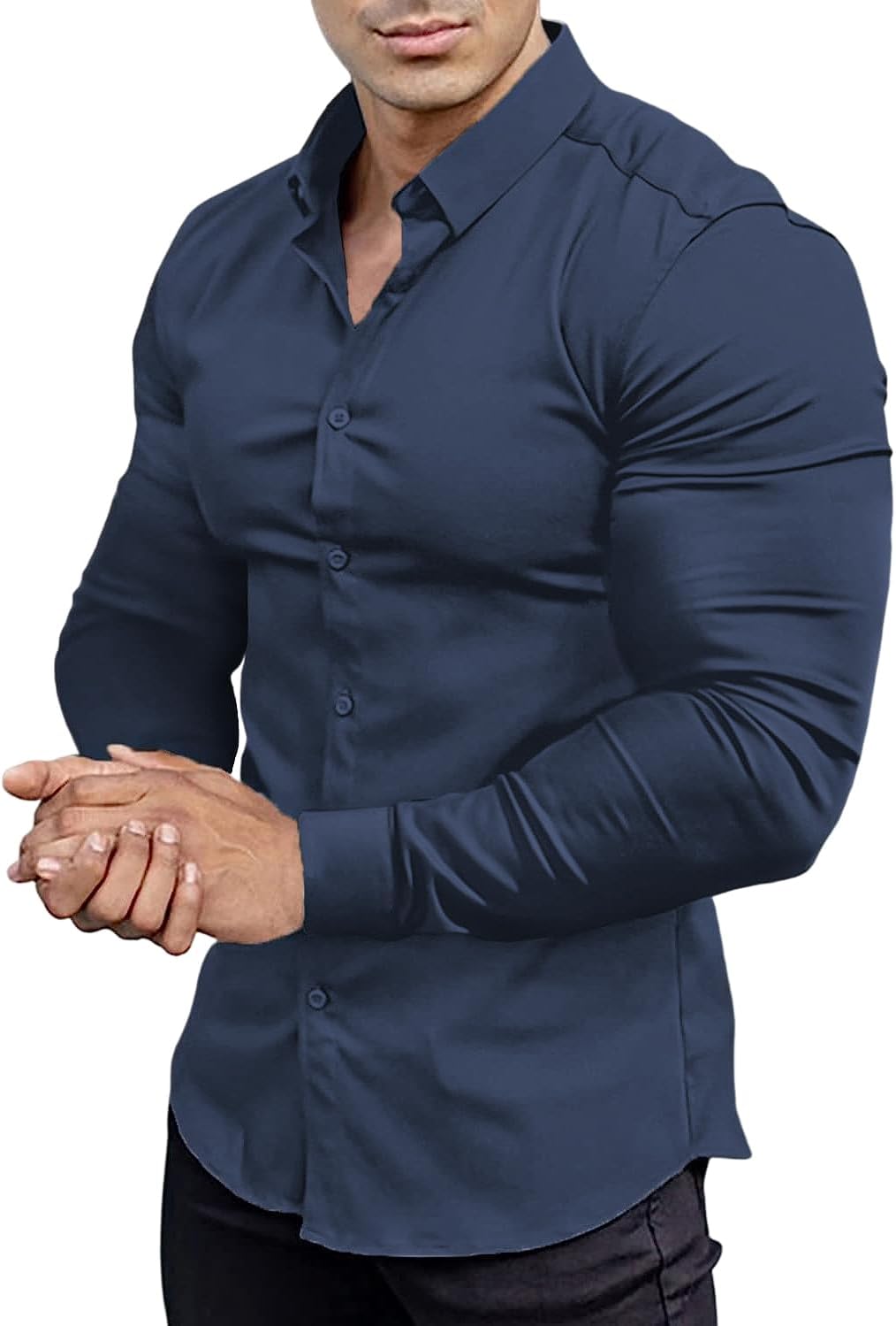 Men's slim fit dress shirt collar, wrinkle-free, maintaining a neat and polished appearance.