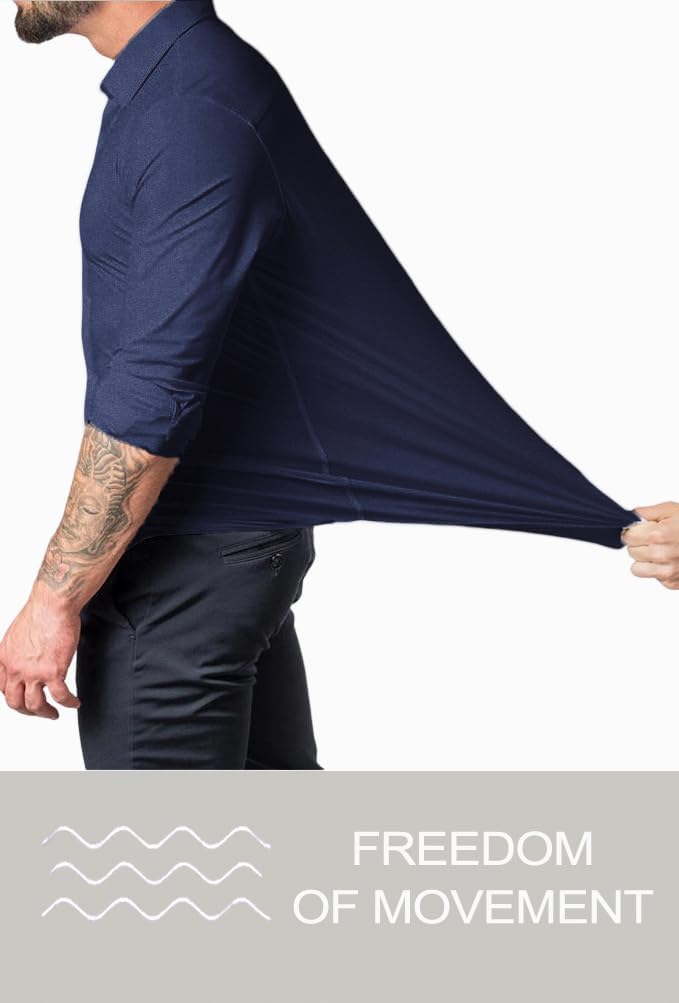 Model wearing men's wrinkle-free slim fit shirt, perfect for modern men's fashion.
