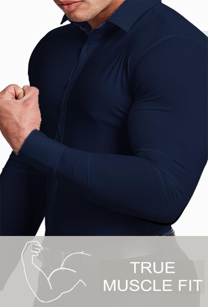 Men's wrinkle-free slim fit shirt, paired with trousers for sophisticated business attire.