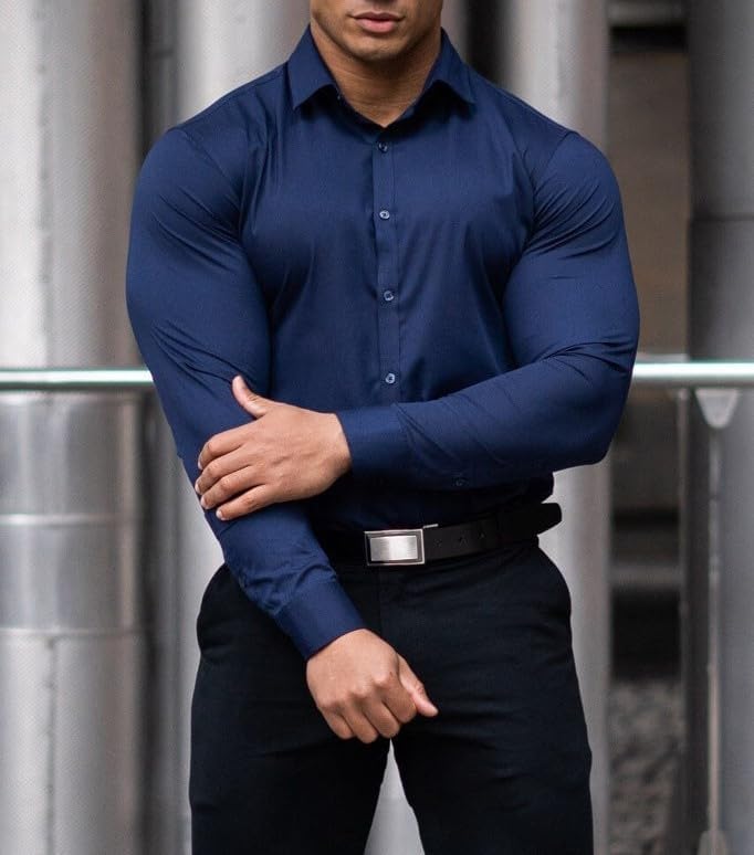 Wrinkle-free men's slim fit shirt, easy to iron and maintain, offering flexible comfort.