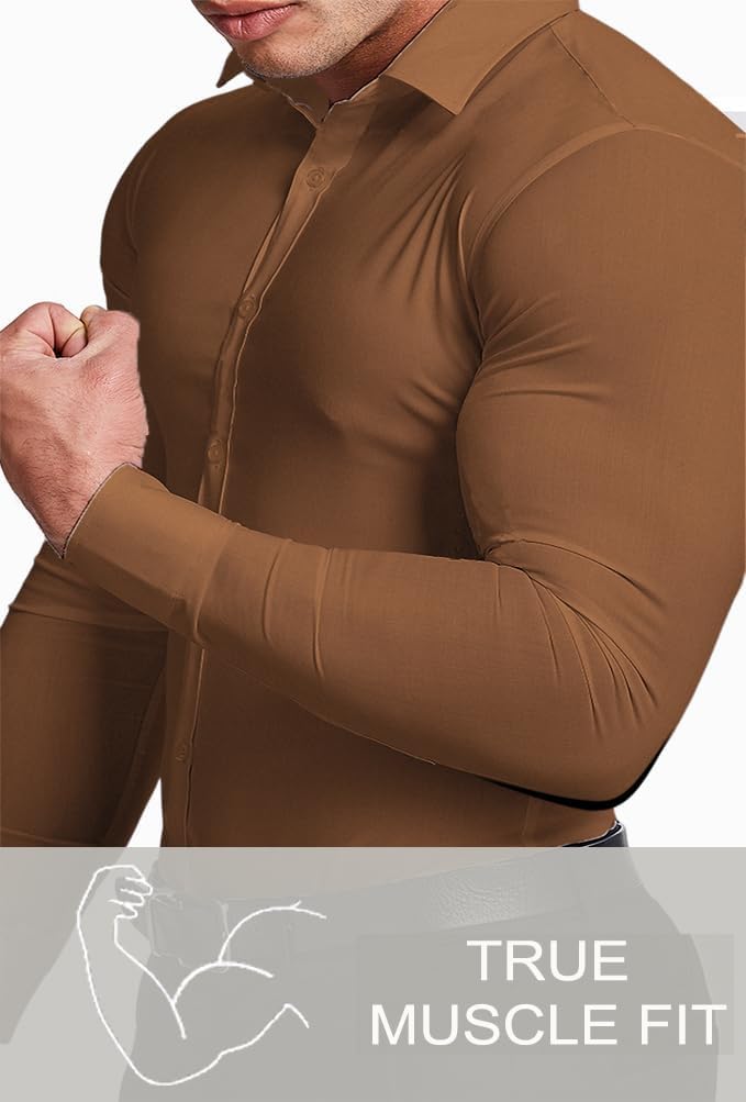 Professional men's business attire: a slim fit, long sleeve, wrinkle-free shirt.