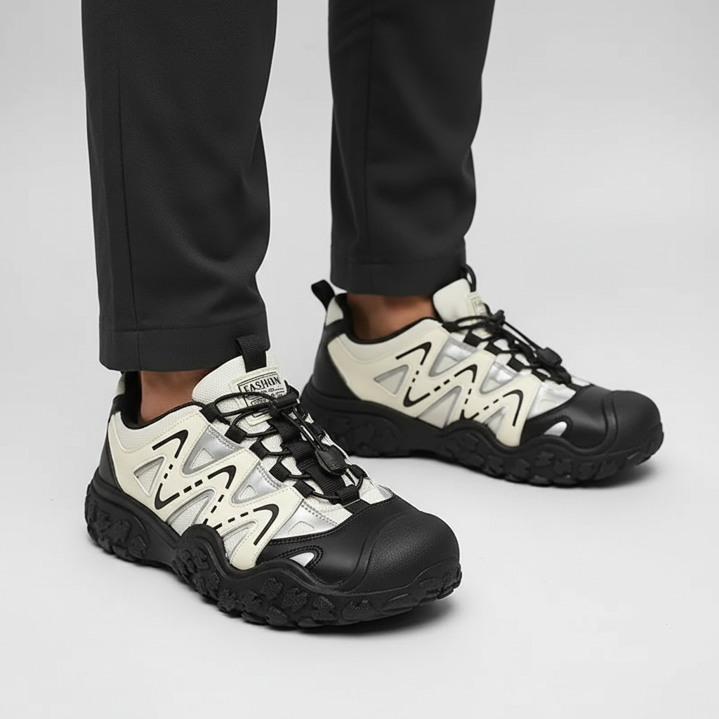 Close-up of Men's Xavier waterproof hiking shoe showing durable construction and breathable mesh