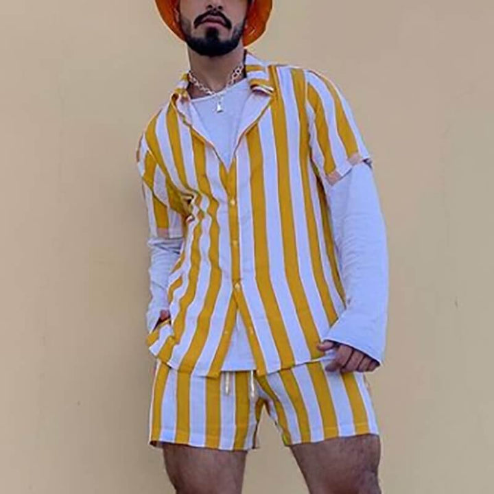 Men's yellow striped summer shirt and shorts set, ideal for casual wear or beach days