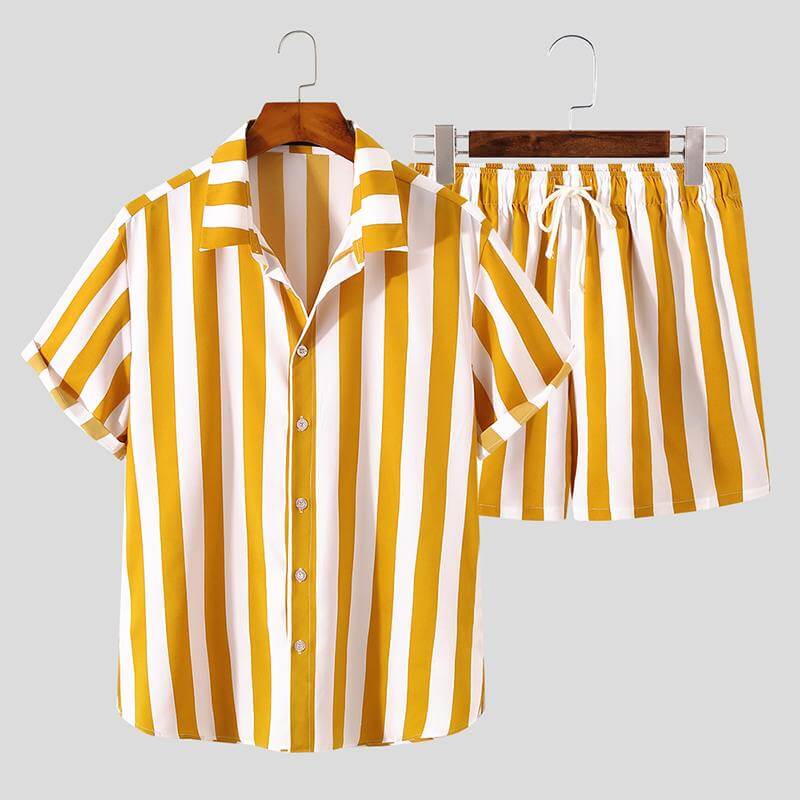 Comfortable black striped men's summer shirt and shorts, great for relaxing or beachwear